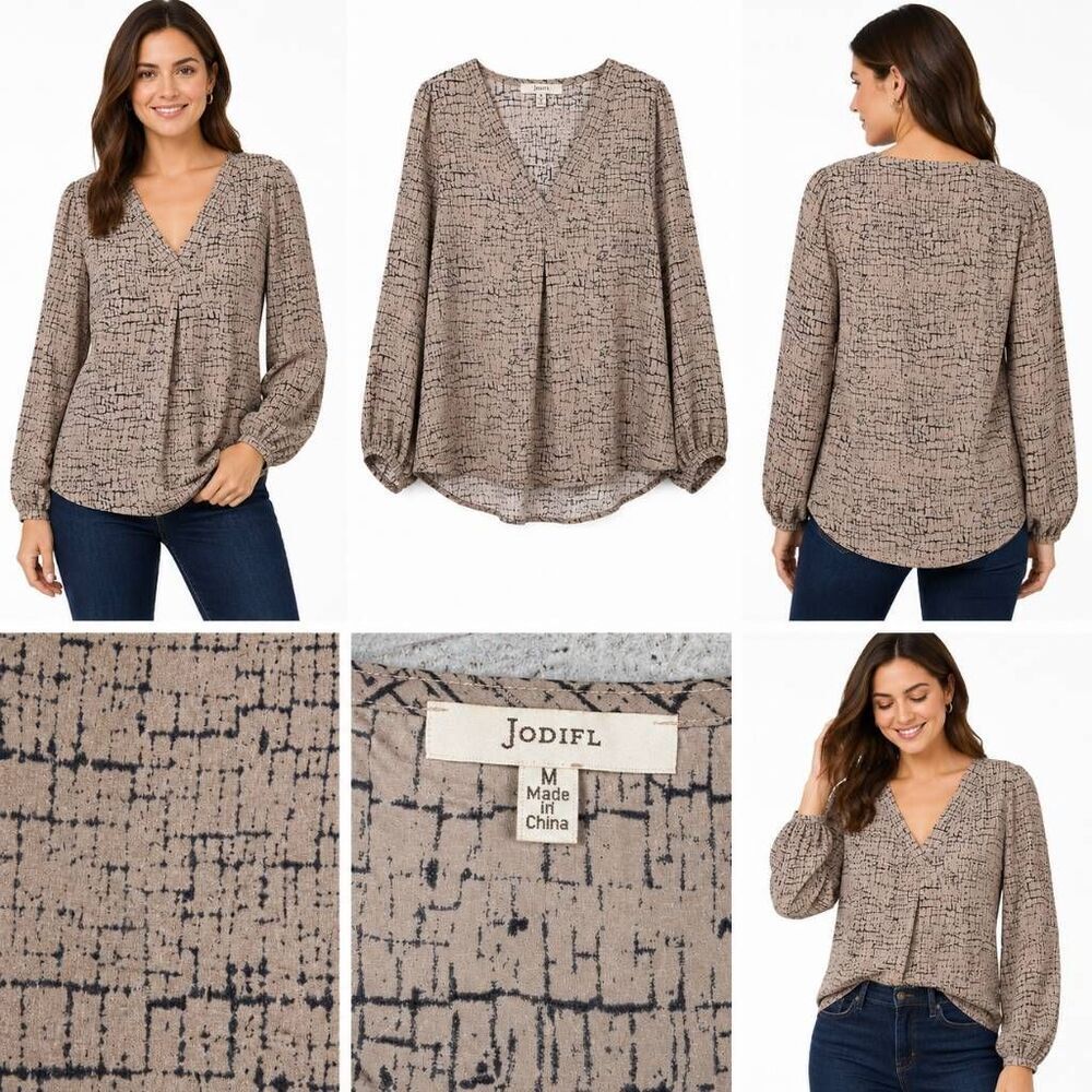 Jodifl Taupe Abstract Print V Neck Blouse M